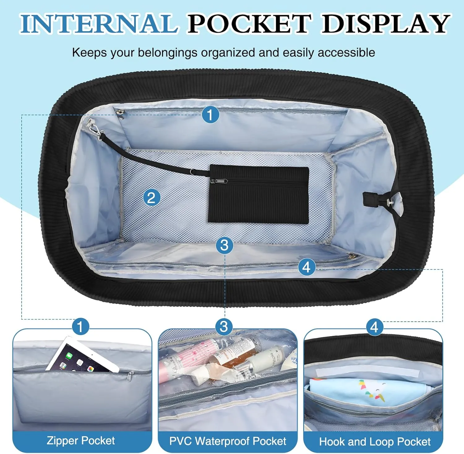 Large Beach Bag with Zipper, 12 Pockets Waterproof Sandproof Pool Bag Womens Mesh Beach Tote Bag for Travel Vacation