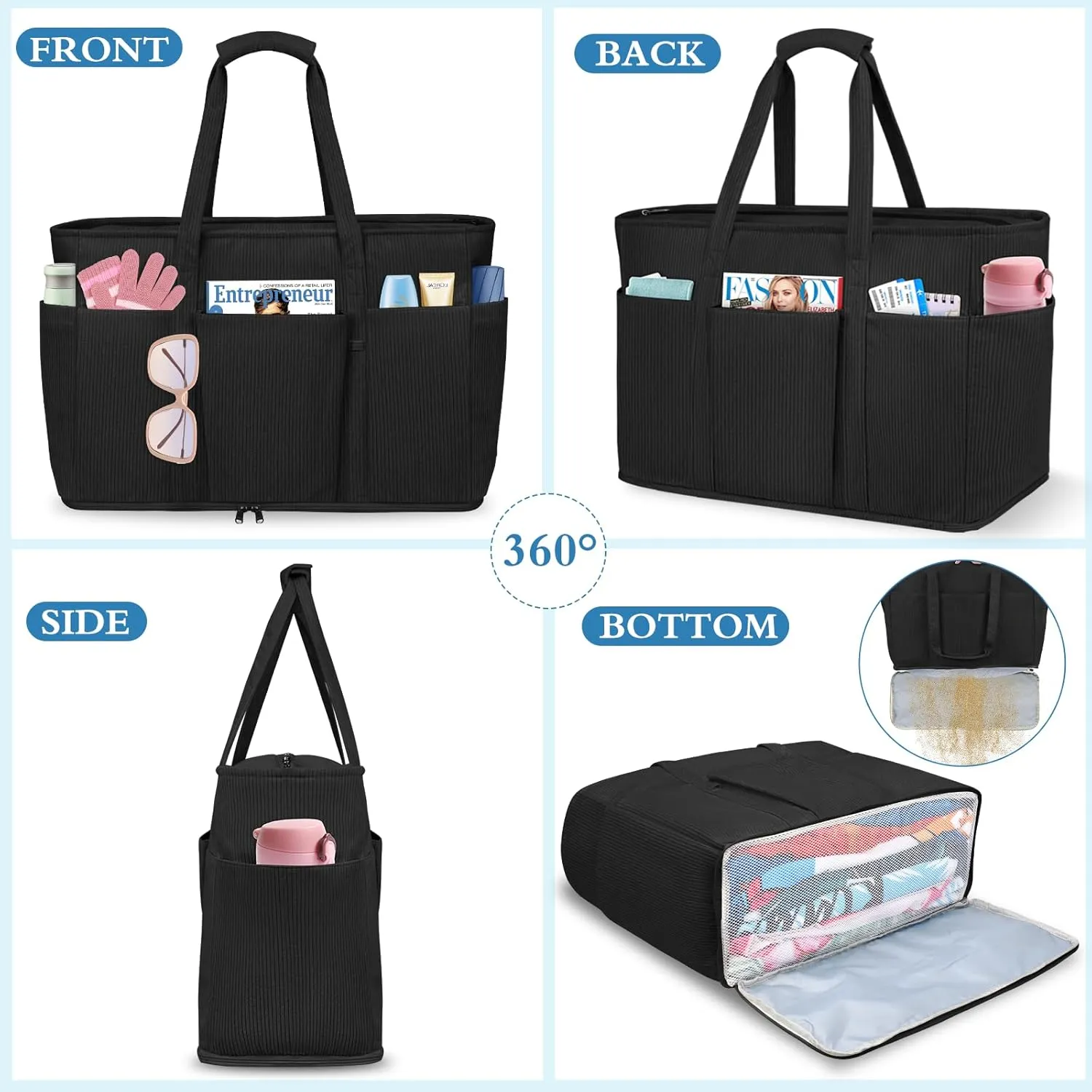 Large Beach Bag with Zipper, 12 Pockets Waterproof Sandproof Pool Bag Womens Mesh Beach Tote Bag for Travel Vacation