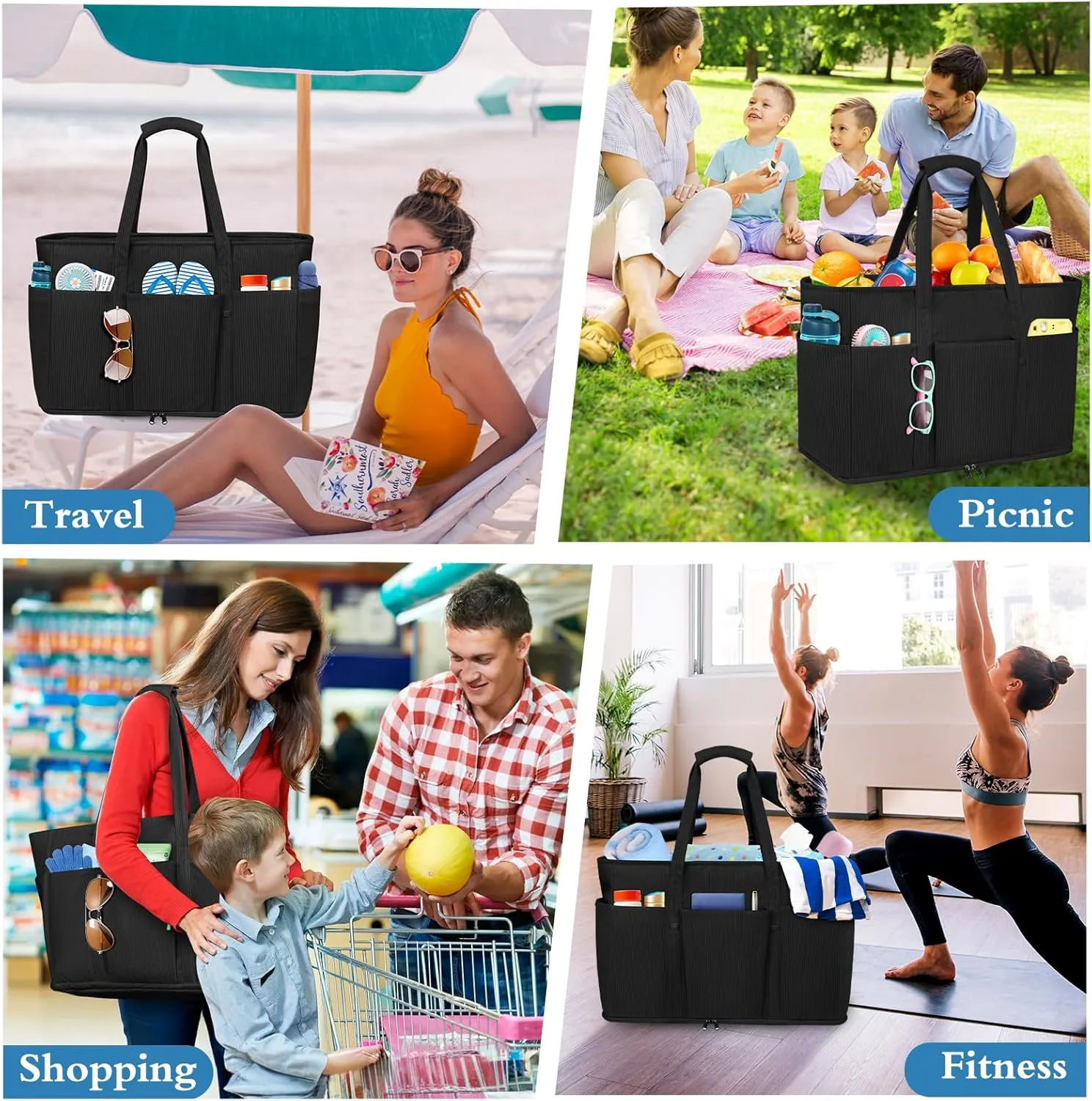 Large Beach Bag with Zipper, 12 Pockets Waterproof Sandproof Pool Bag Womens Mesh Beach Tote Bag for Travel Vacation