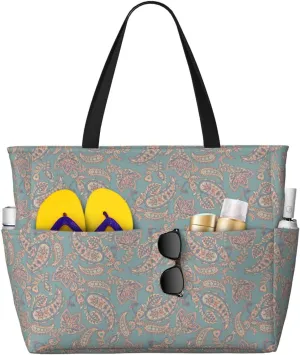 Large Beach Tote Bag for Women Extra Large Capacity Waterproof Sandproof Pool Bag Suitable for Swimming Pool Gym Travel Groceries Asian Elements Paisley