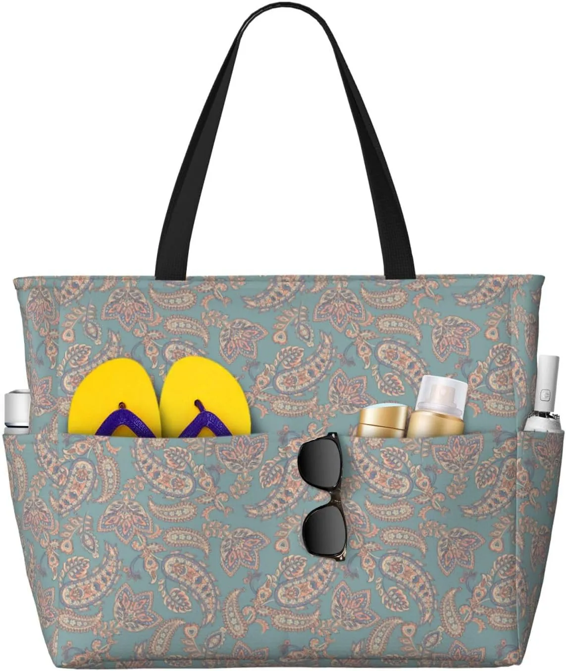 Large Beach Tote Bag for Women Extra Large Capacity Waterproof Sandproof Pool Bag Suitable for Swimming Pool Gym Travel Groceries Asian Elements Paisley