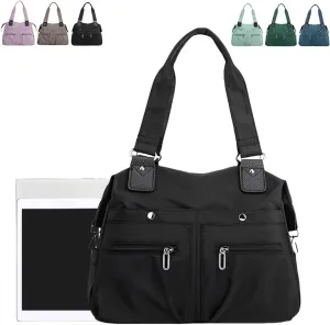 Large Capacity Nylon Shoulder Bag, Multi-Pocket Lightweight Nylon Satchel with Zip, Handbag, Work Bag, Briefcase