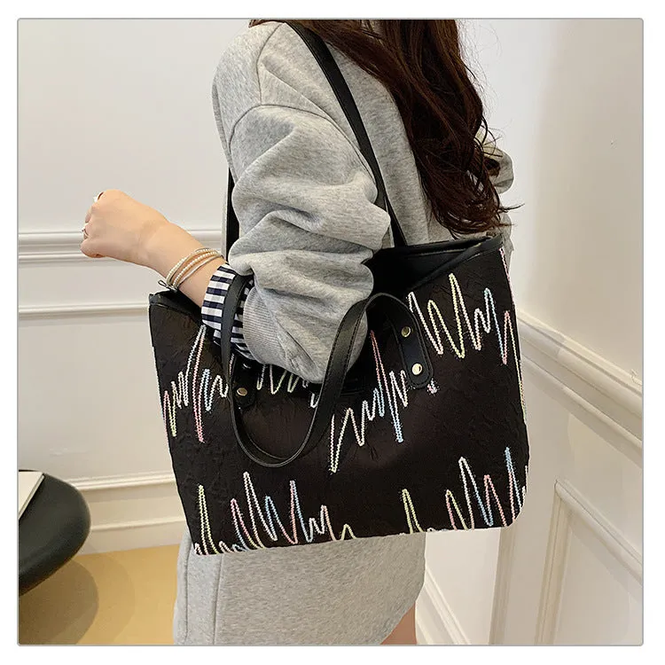 Large Capacity Tote Bag New Color-Block Casual Striped Versatile Shoulder Handbag for Women