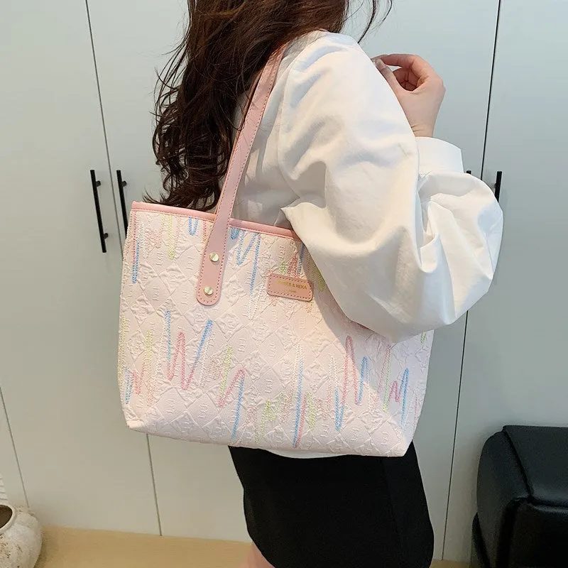 Large Capacity Tote Bag New Color-Block Casual Striped Versatile Shoulder Handbag for Women