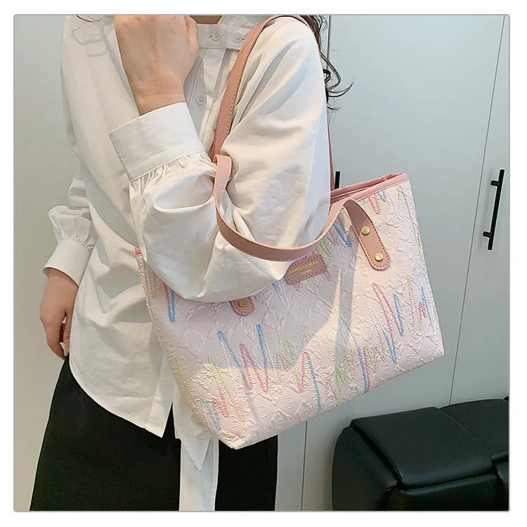Large Capacity Tote Bag New Color-Block Casual Striped Versatile Shoulder Handbag for Women