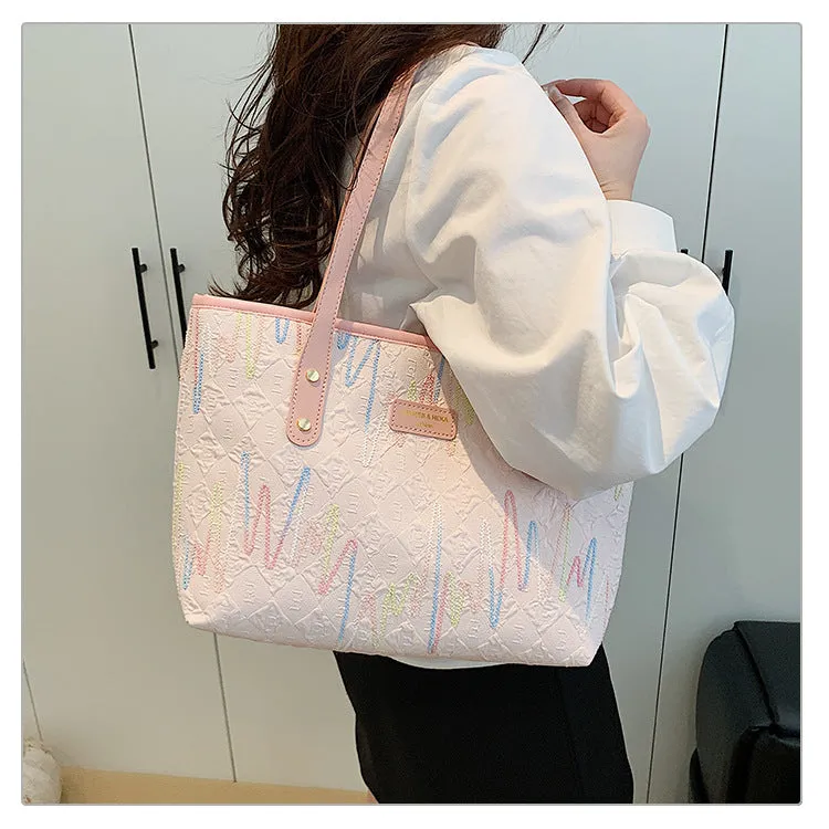 Large Capacity Tote Bag New Color-Block Casual Striped Versatile Shoulder Handbag for Women
