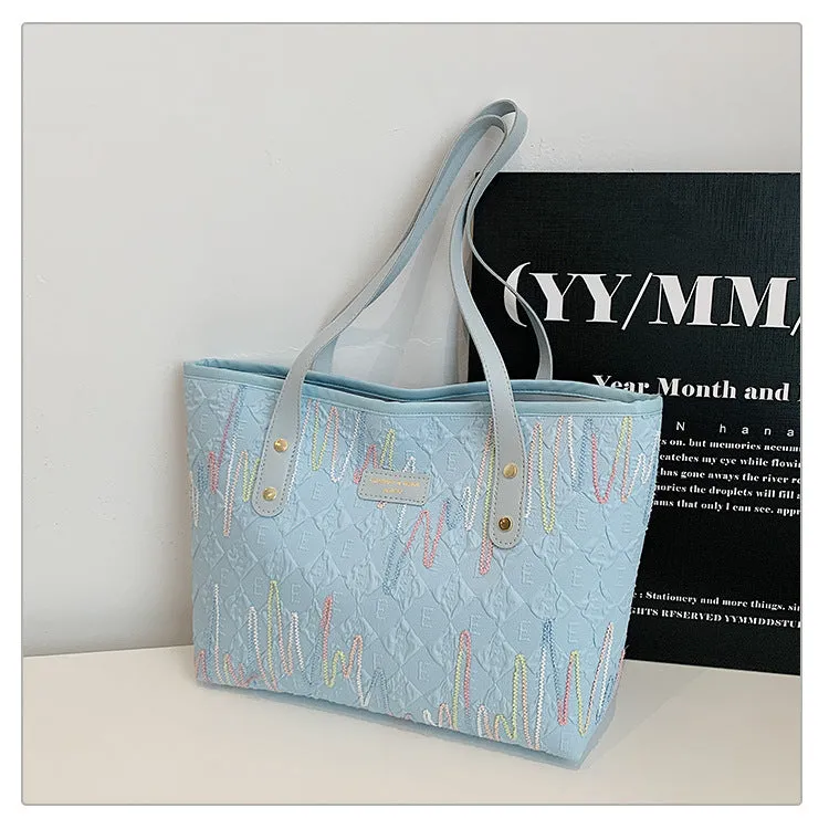 Large Capacity Tote Bag New Color-Block Casual Striped Versatile Shoulder Handbag for Women