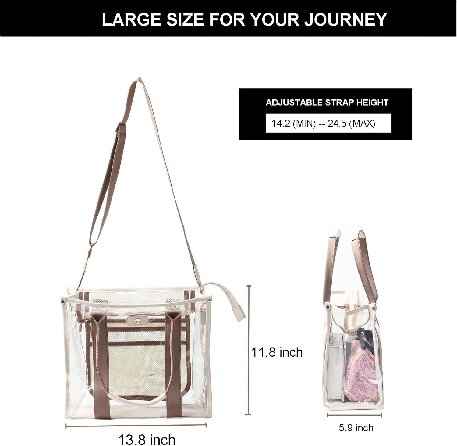 Large Clear Tote Bag Stadium Approved for Stadium Events Transparent Shoulder crossbody Handbag with Adjustable Strap