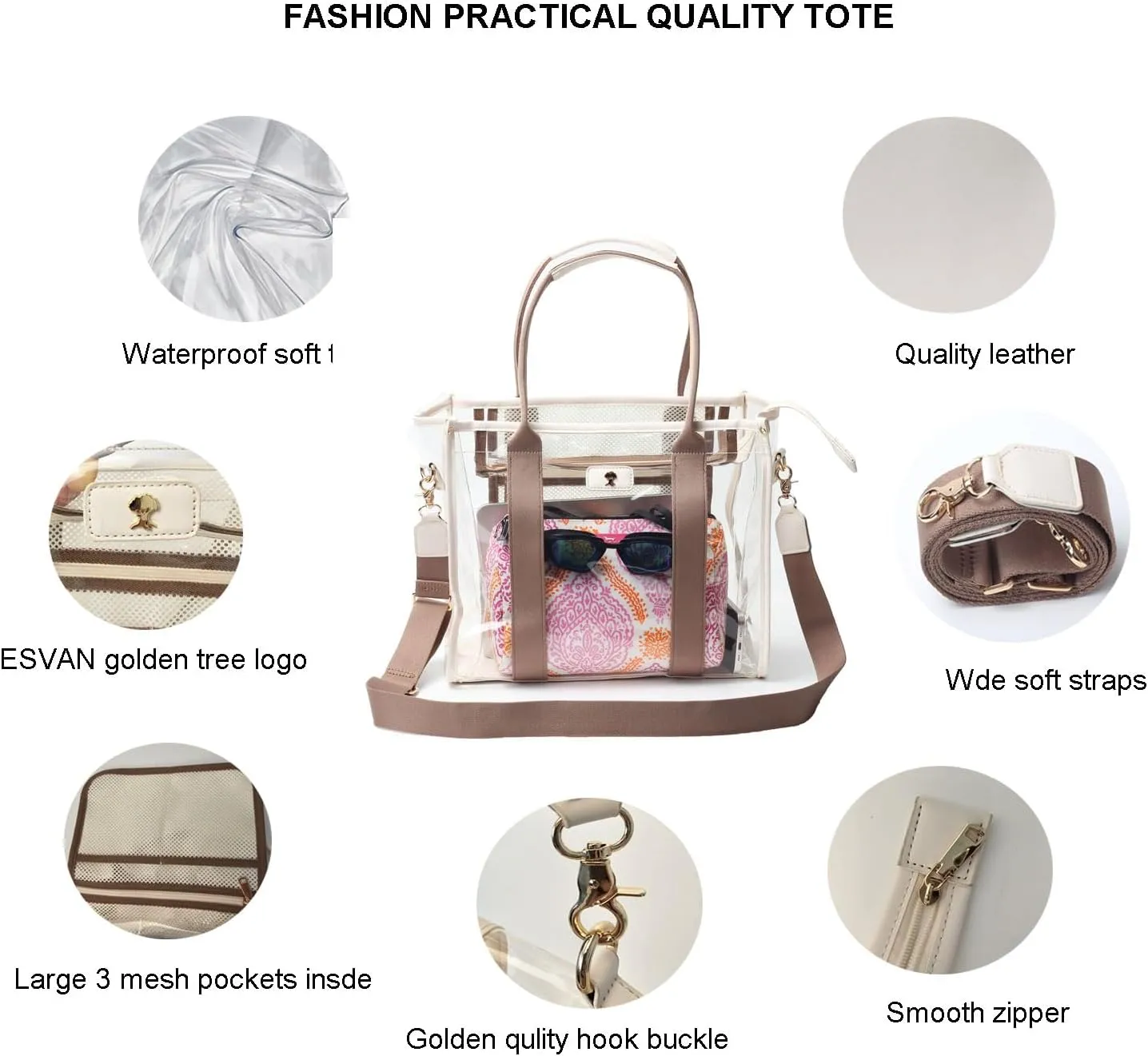 Large Clear Tote Bag Stadium Approved for Stadium Events Transparent Shoulder crossbody Handbag with Adjustable Strap