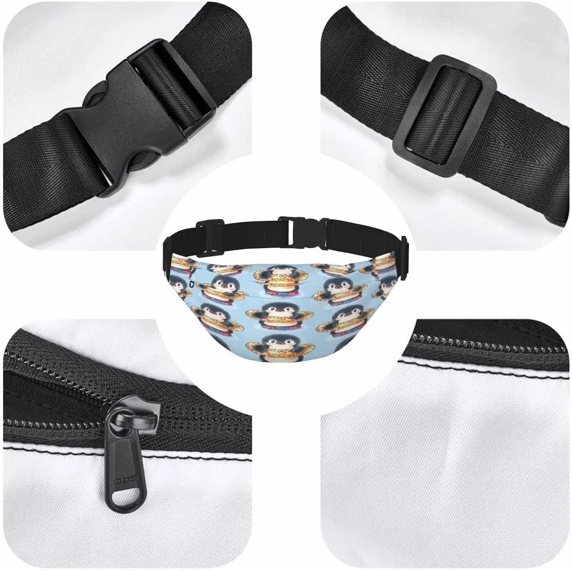 Large Crossbody Bag Waistpack Cute Penguins Wear Life Buoy Happy Cartoon Hoop Leisure Sports Fanny Pack Zipper Bag for Running, Travel