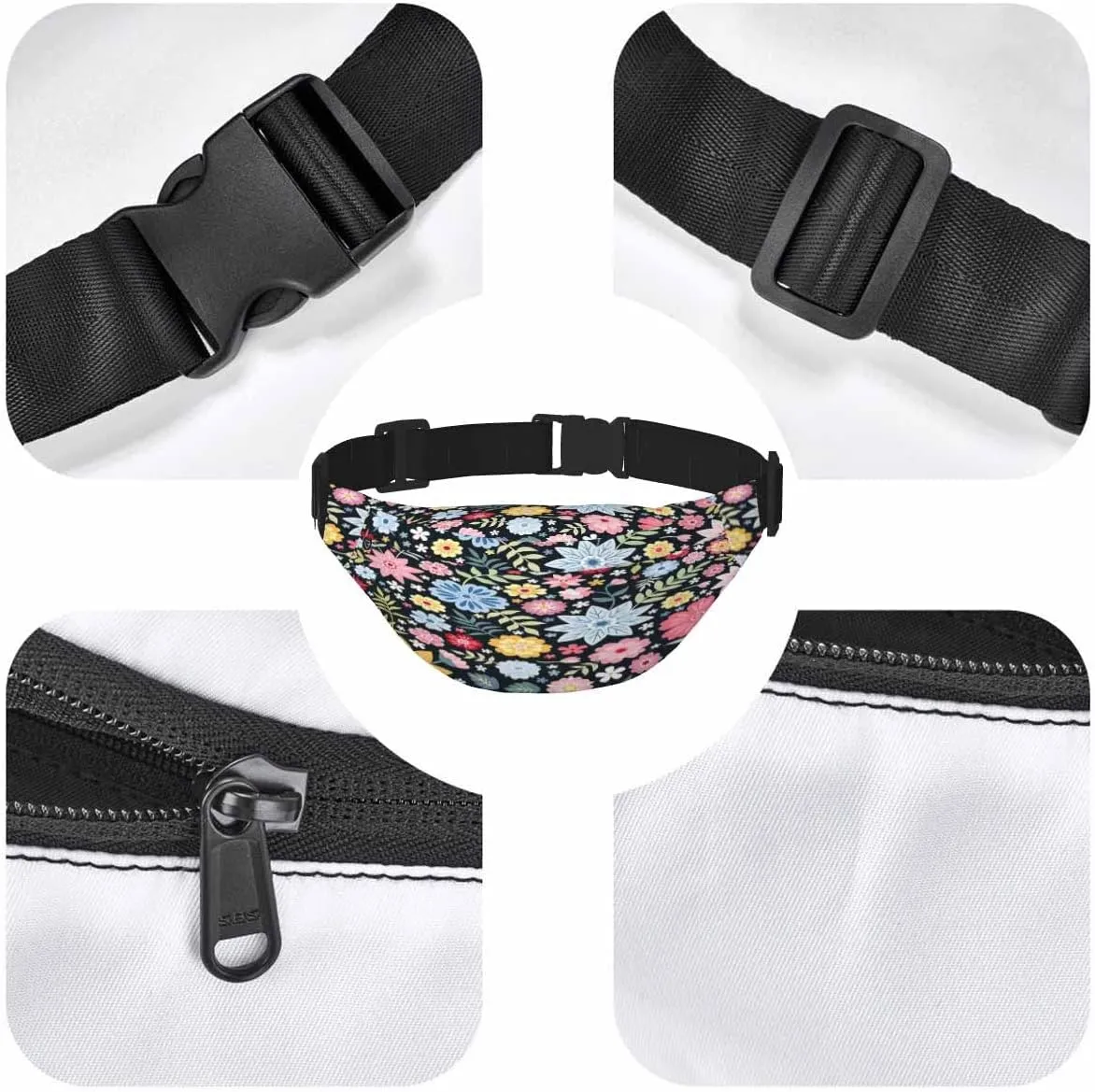 Large Crossbody Bag Waistpack Flowers Leaves Folk Style Blossom Field Branch Colors Leisure Sports Fanny Pack Zipper Bag for Running, Travel