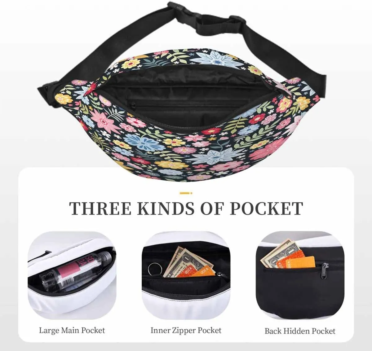 Large Crossbody Bag Waistpack Flowers Leaves Folk Style Blossom Field Branch Colors Leisure Sports Fanny Pack Zipper Bag for Running, Travel