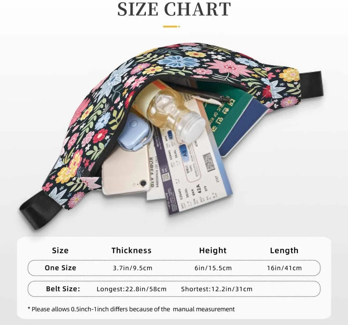 Large Crossbody Bag Waistpack Flowers Leaves Folk Style Blossom Field Branch Colors Leisure Sports Fanny Pack Zipper Bag for Running, Travel