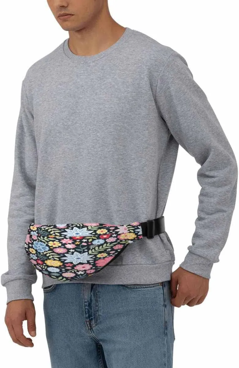 Large Crossbody Bag Waistpack Flowers Leaves Folk Style Blossom Field Branch Colors Leisure Sports Fanny Pack Zipper Bag for Running, Travel