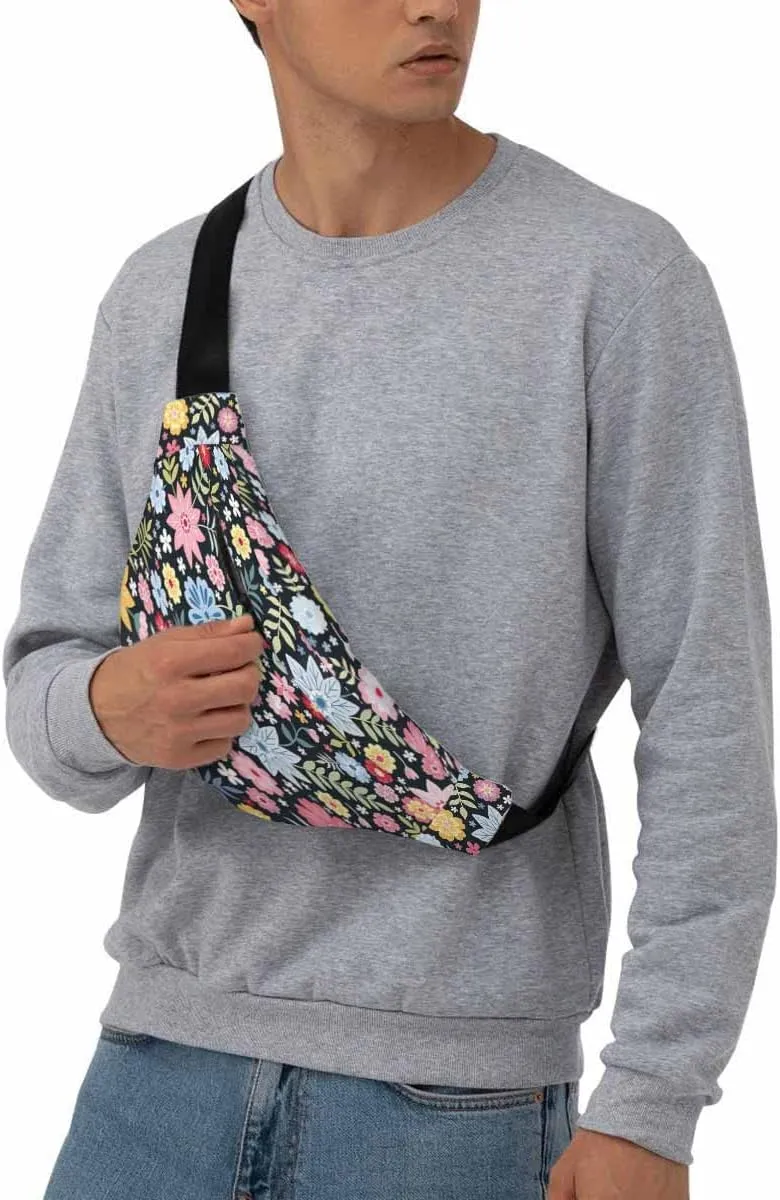 Large Crossbody Bag Waistpack Flowers Leaves Folk Style Blossom Field Branch Colors Leisure Sports Fanny Pack Zipper Bag for Running, Travel