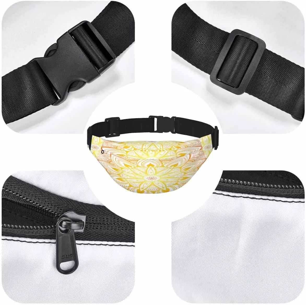 Large Crossbody Bag Waistpack Golden Elegant Mandala Arabesque Flowers Doodle Stamen Art Leisure Sports Fanny Pack Zipper Bag for Running, Travel