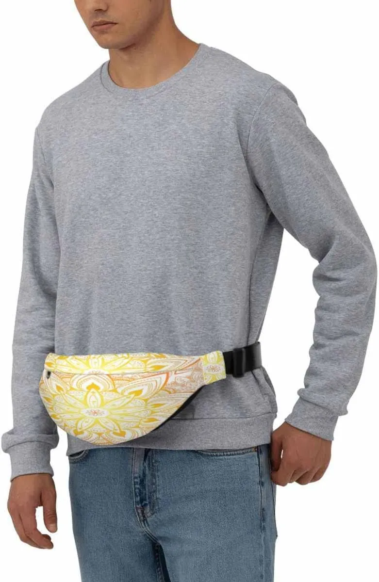 Large Crossbody Bag Waistpack Golden Elegant Mandala Arabesque Flowers Doodle Stamen Art Leisure Sports Fanny Pack Zipper Bag for Running, Travel