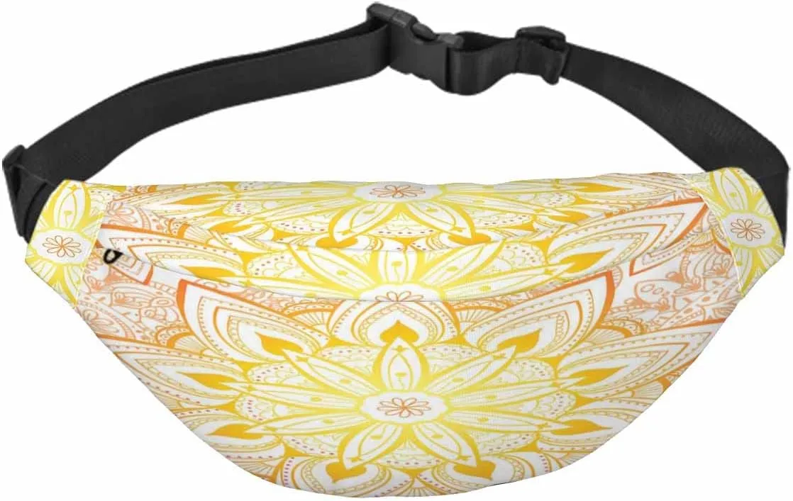 Large Crossbody Bag Waistpack Golden Elegant Mandala Arabesque Flowers Doodle Stamen Art Leisure Sports Fanny Pack Zipper Bag for Running, Travel