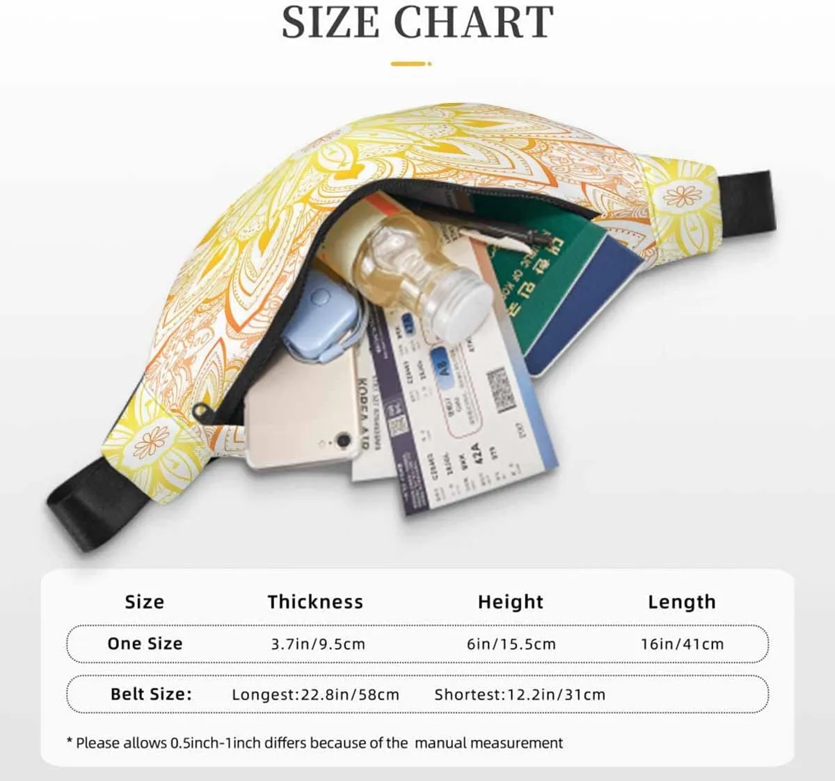 Large Crossbody Bag Waistpack Golden Elegant Mandala Arabesque Flowers Doodle Stamen Art Leisure Sports Fanny Pack Zipper Bag for Running, Travel