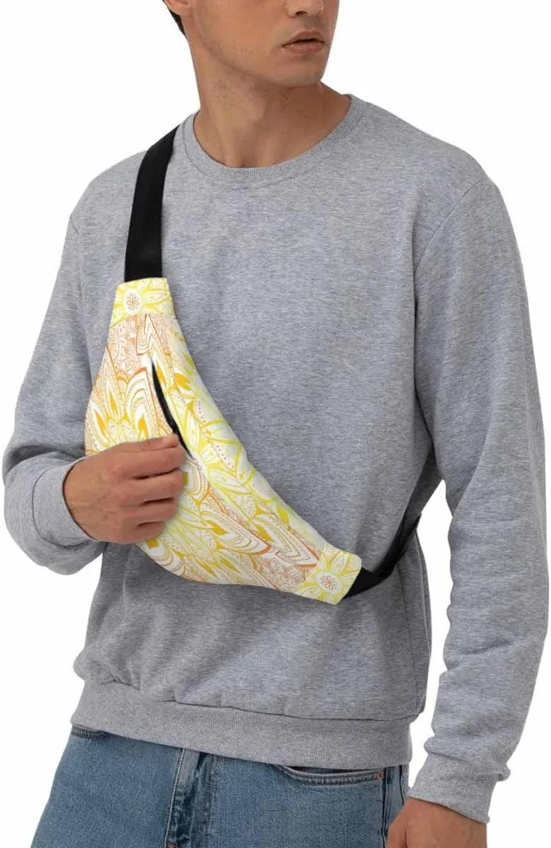 Large Crossbody Bag Waistpack Golden Elegant Mandala Arabesque Flowers Doodle Stamen Art Leisure Sports Fanny Pack Zipper Bag for Running, Travel