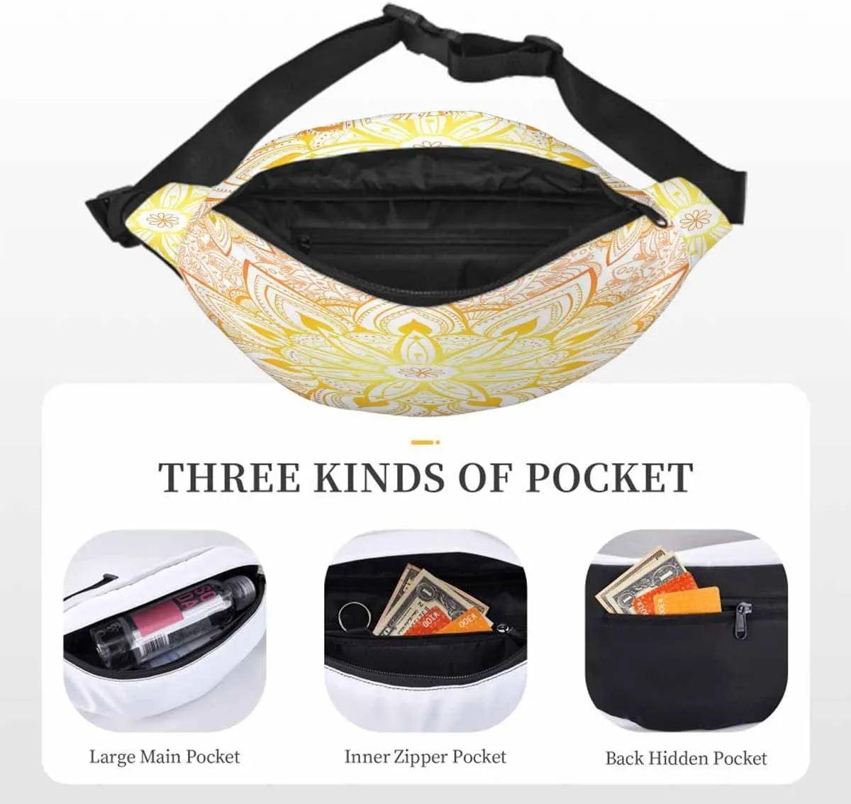 Large Crossbody Bag Waistpack Golden Elegant Mandala Arabesque Flowers Doodle Stamen Art Leisure Sports Fanny Pack Zipper Bag for Running, Travel