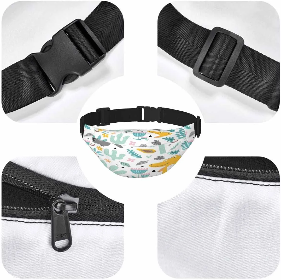 Large Crossbody Bag Waistpack Tropical Cute Elephant Crocodile Jungle Plants Doodle Leaf Leisure Sports Fanny Pack Zipper Bag for Running, Travel