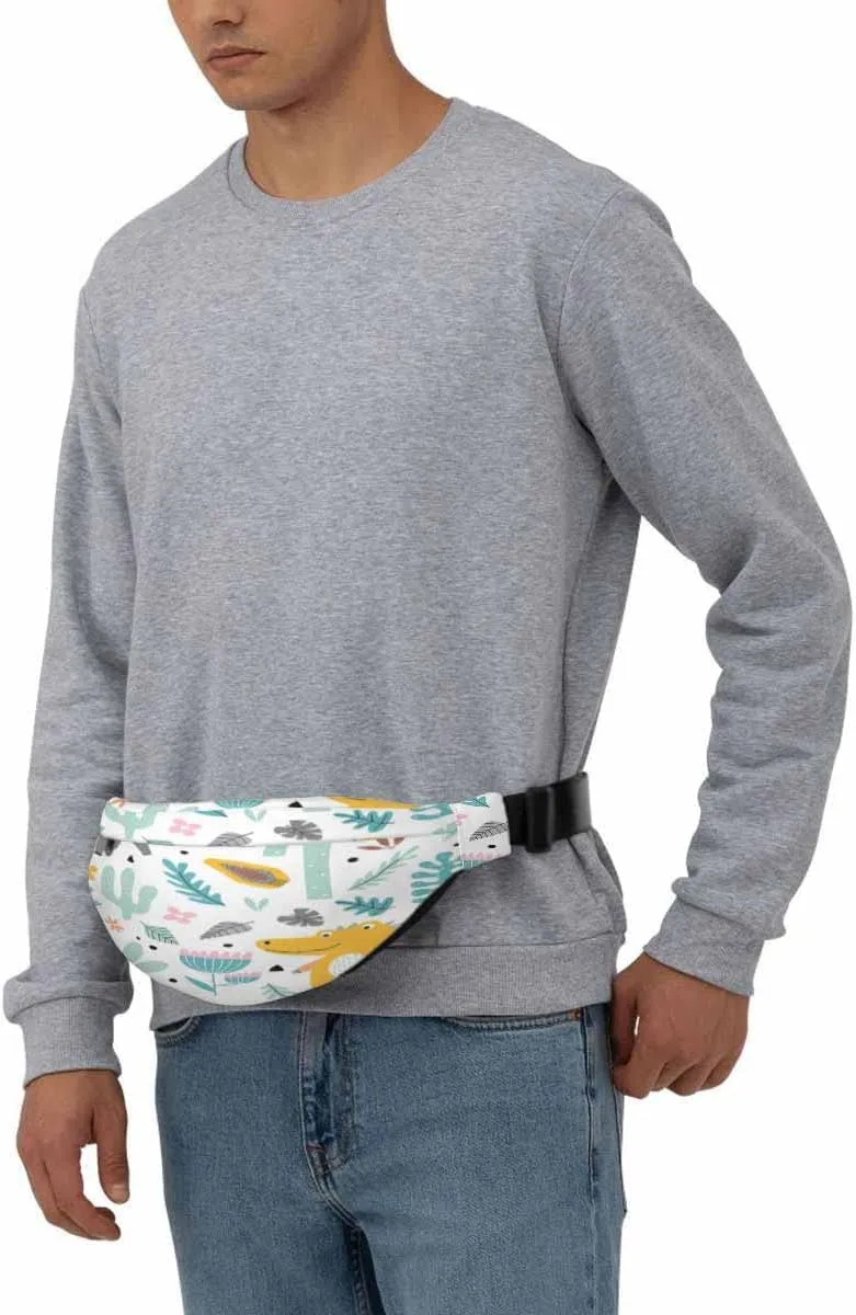 Large Crossbody Bag Waistpack Tropical Cute Elephant Crocodile Jungle Plants Doodle Leaf Leisure Sports Fanny Pack Zipper Bag for Running, Travel