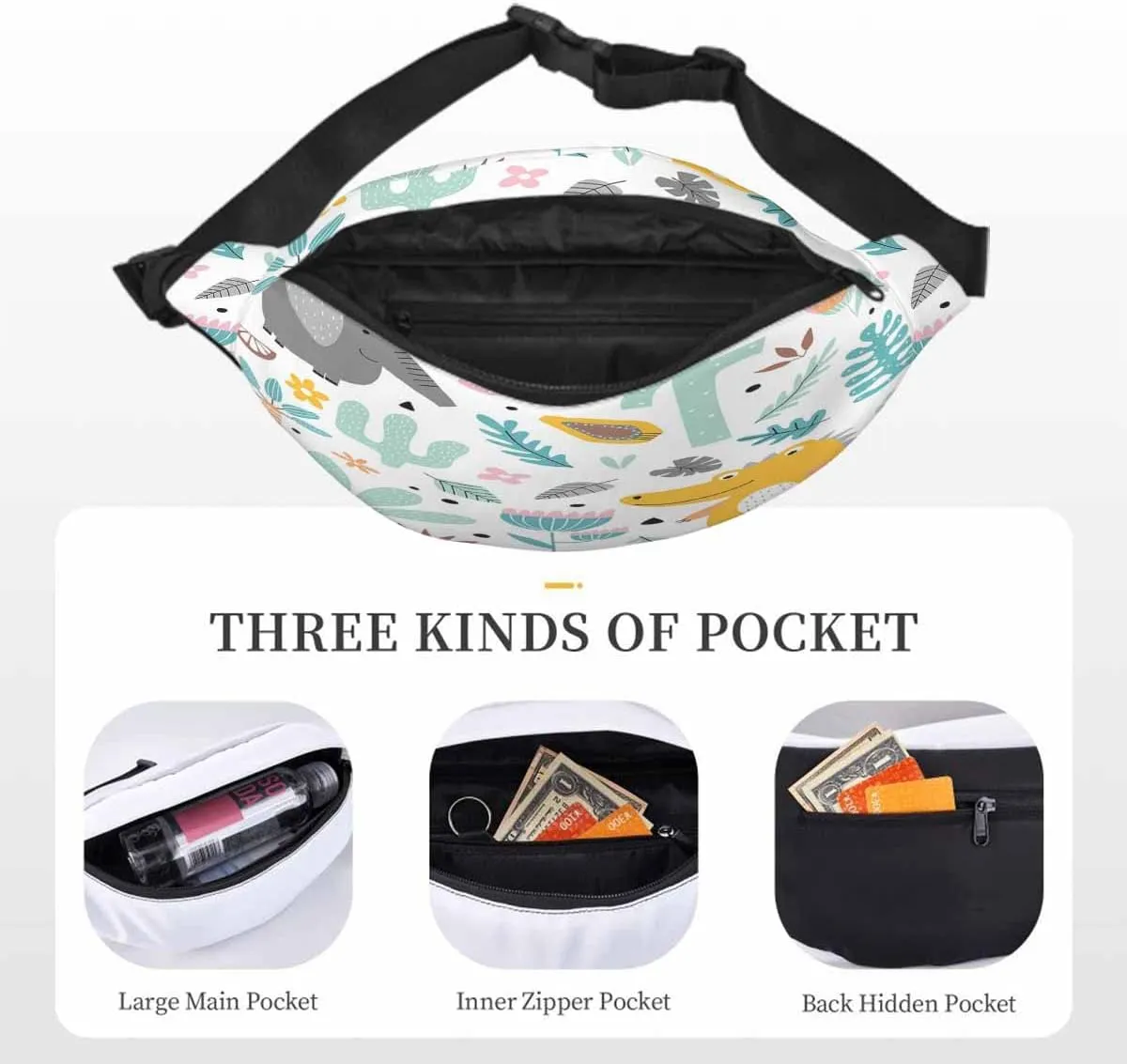 Large Crossbody Bag Waistpack Tropical Cute Elephant Crocodile Jungle Plants Doodle Leaf Leisure Sports Fanny Pack Zipper Bag for Running, Travel
