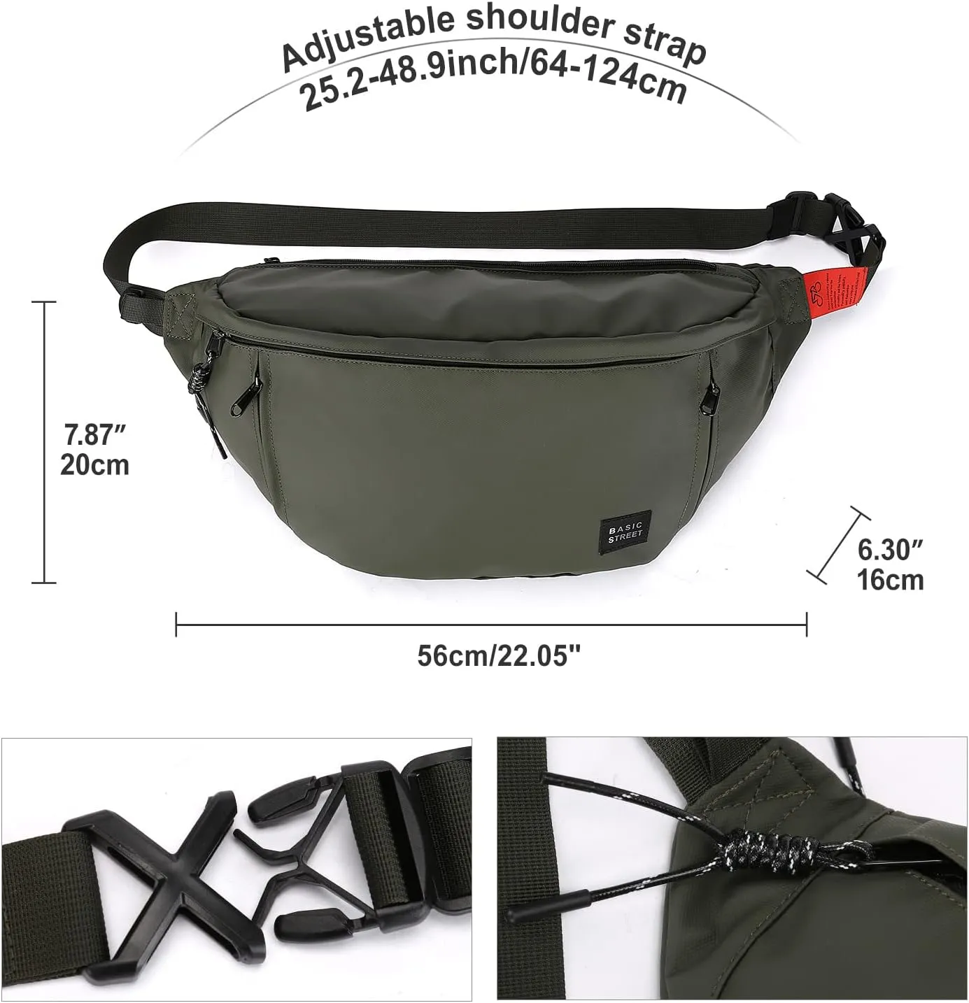 Large Crossbody Fanny Pack for Women Men,Waterproof Waist Bag Pack with Adjustable Strap & 5-Zipper Pockets,Green