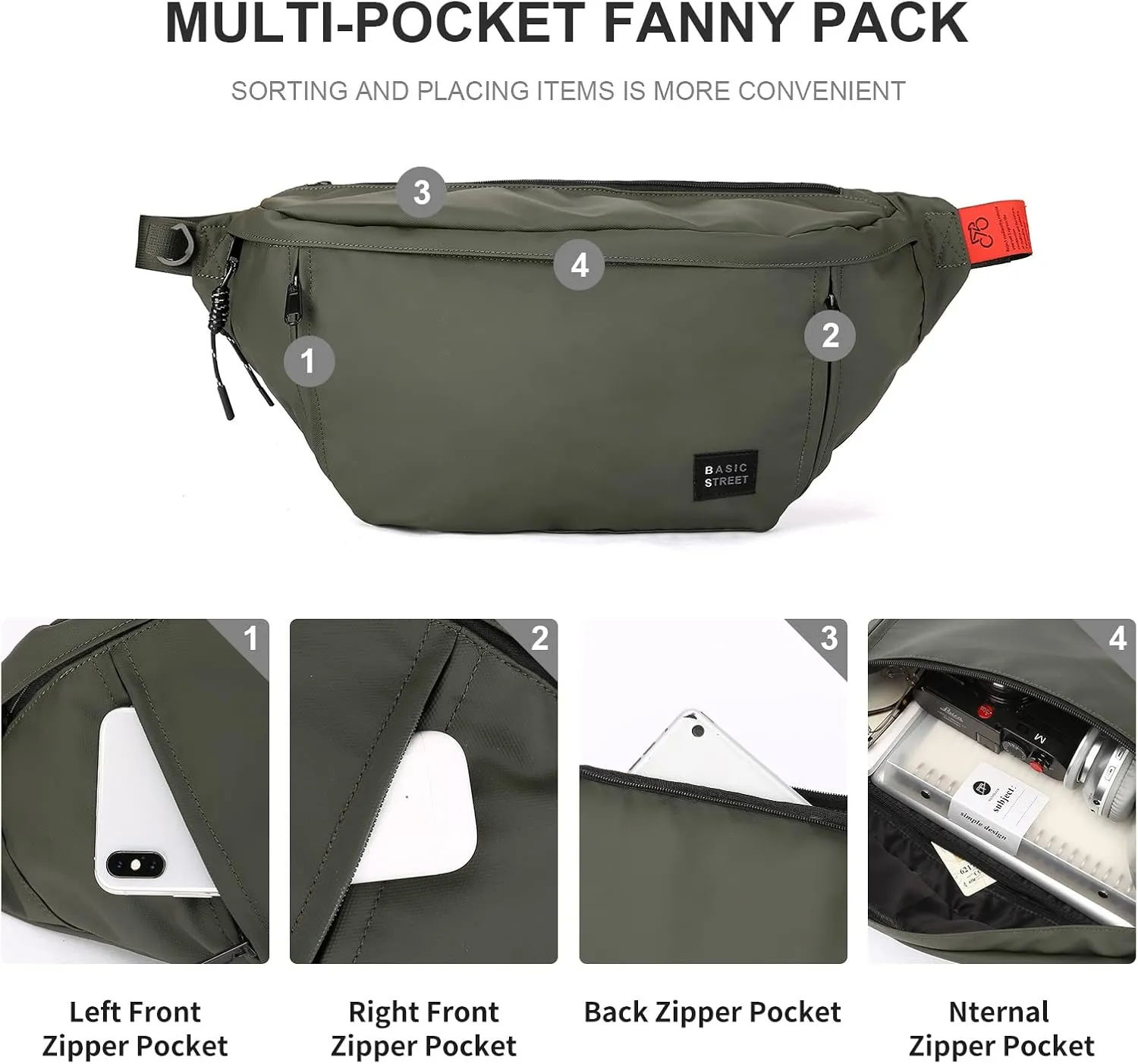 Large Crossbody Fanny Pack for Women Men,Waterproof Waist Bag Pack with Adjustable Strap & 5-Zipper Pockets,Green