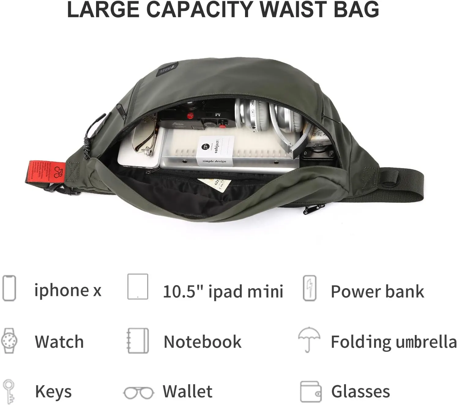 Large Crossbody Fanny Pack for Women Men,Waterproof Waist Bag Pack with Adjustable Strap & 5-Zipper Pockets,Green