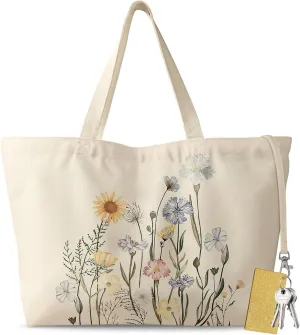 Large Tote Bag for Women - Aesthetic Cute Big Canvas Bags with Zipper Cotton Shoulder Bag for Gym, Travel, Work