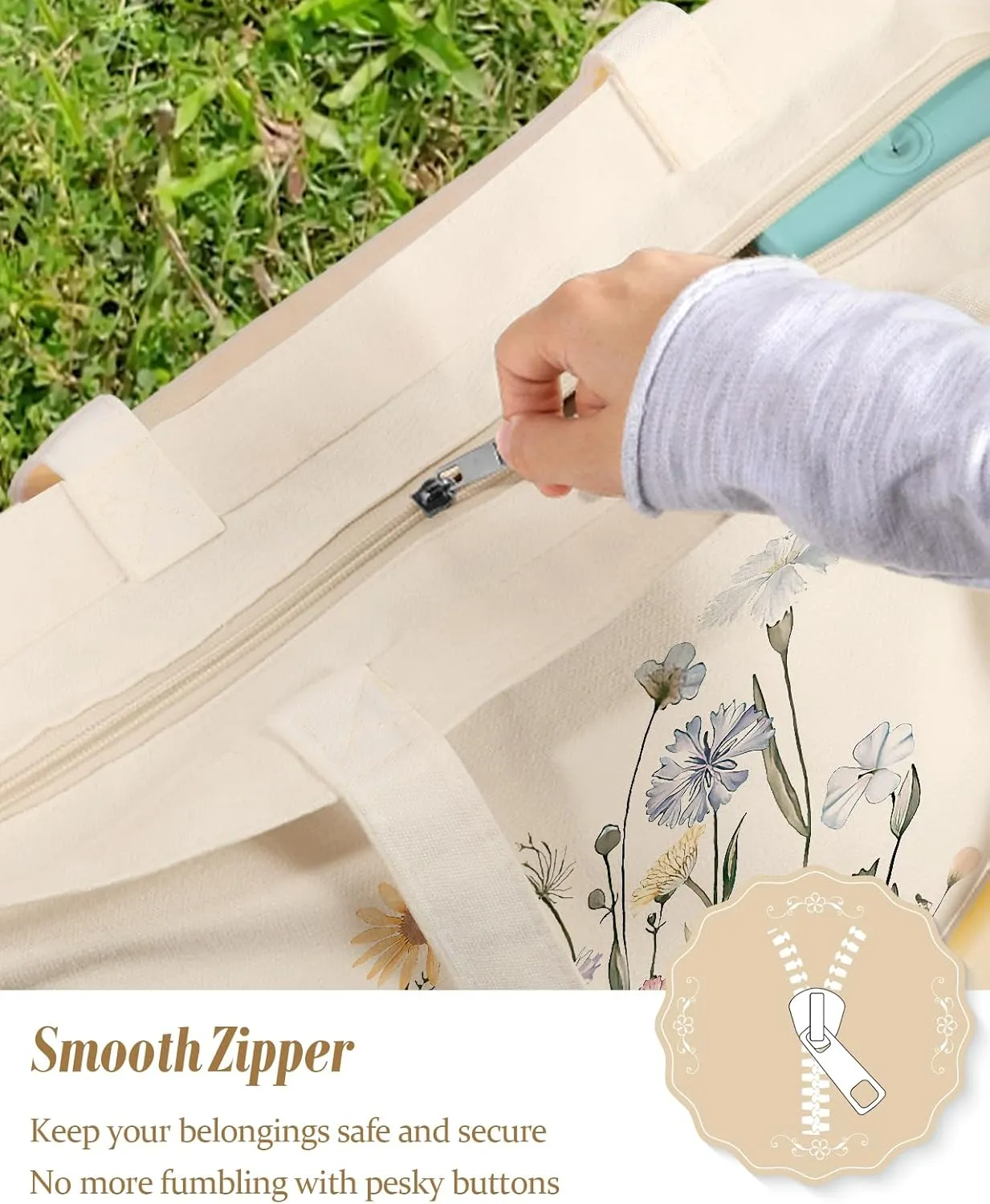 Large Tote Bag for Women - Aesthetic Cute Big Canvas Bags with Zipper Cotton Shoulder Bag for Gym, Travel, Work