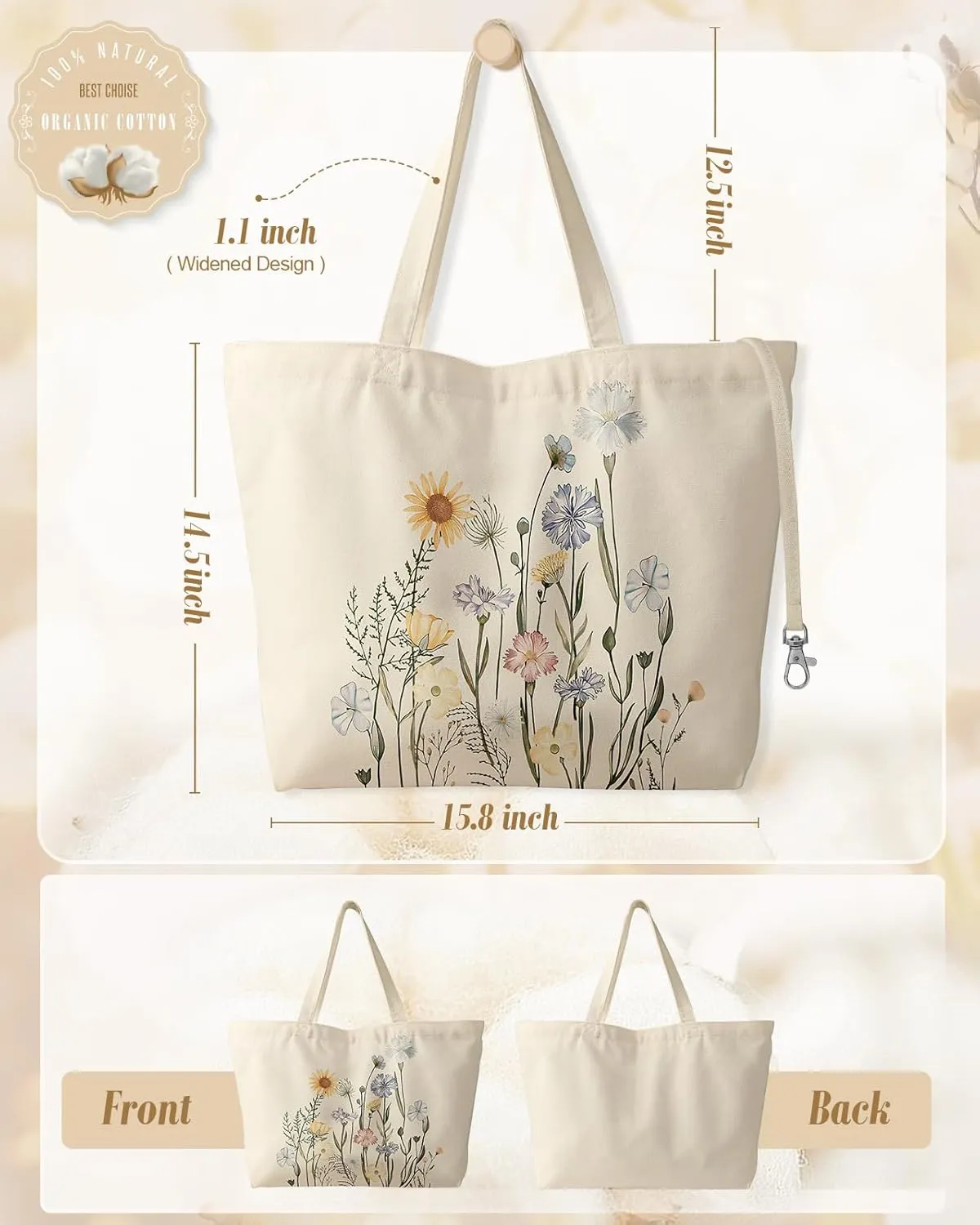 Large Tote Bag for Women - Aesthetic Cute Big Canvas Bags with Zipper Cotton Shoulder Bag for Gym, Travel, Work