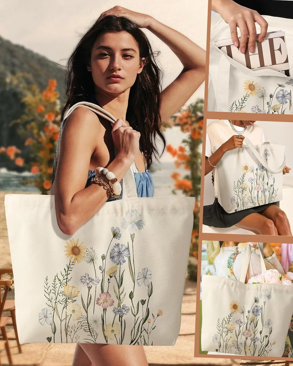 Large Tote Bag for Women - Aesthetic Cute Big Canvas Bags with Zipper Cotton Shoulder Bag for Gym, Travel, Work
