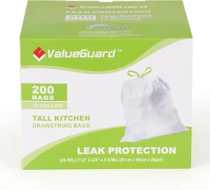 Large Trash Bag 13 Gallon Tall Drawstring 100% Post-Consumer Recycled Garbage Bag Waste Bag for Kitchen Office 0.8 Mil (200 Count)