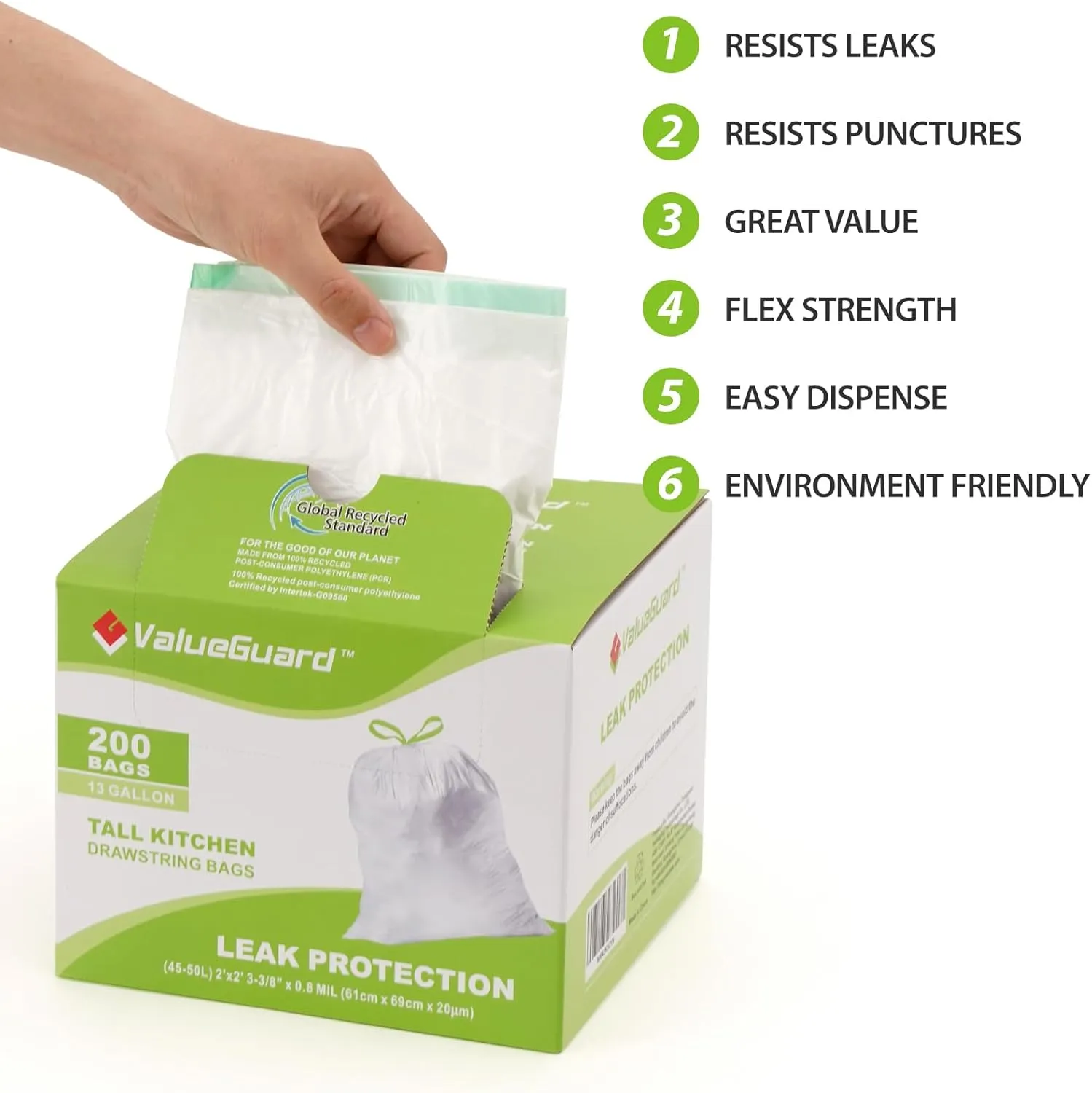 Large Trash Bag 13 Gallon Tall Drawstring 100% Post-Consumer Recycled Garbage Bag Waste Bag for Kitchen Office 0.8 Mil (200 Count)
