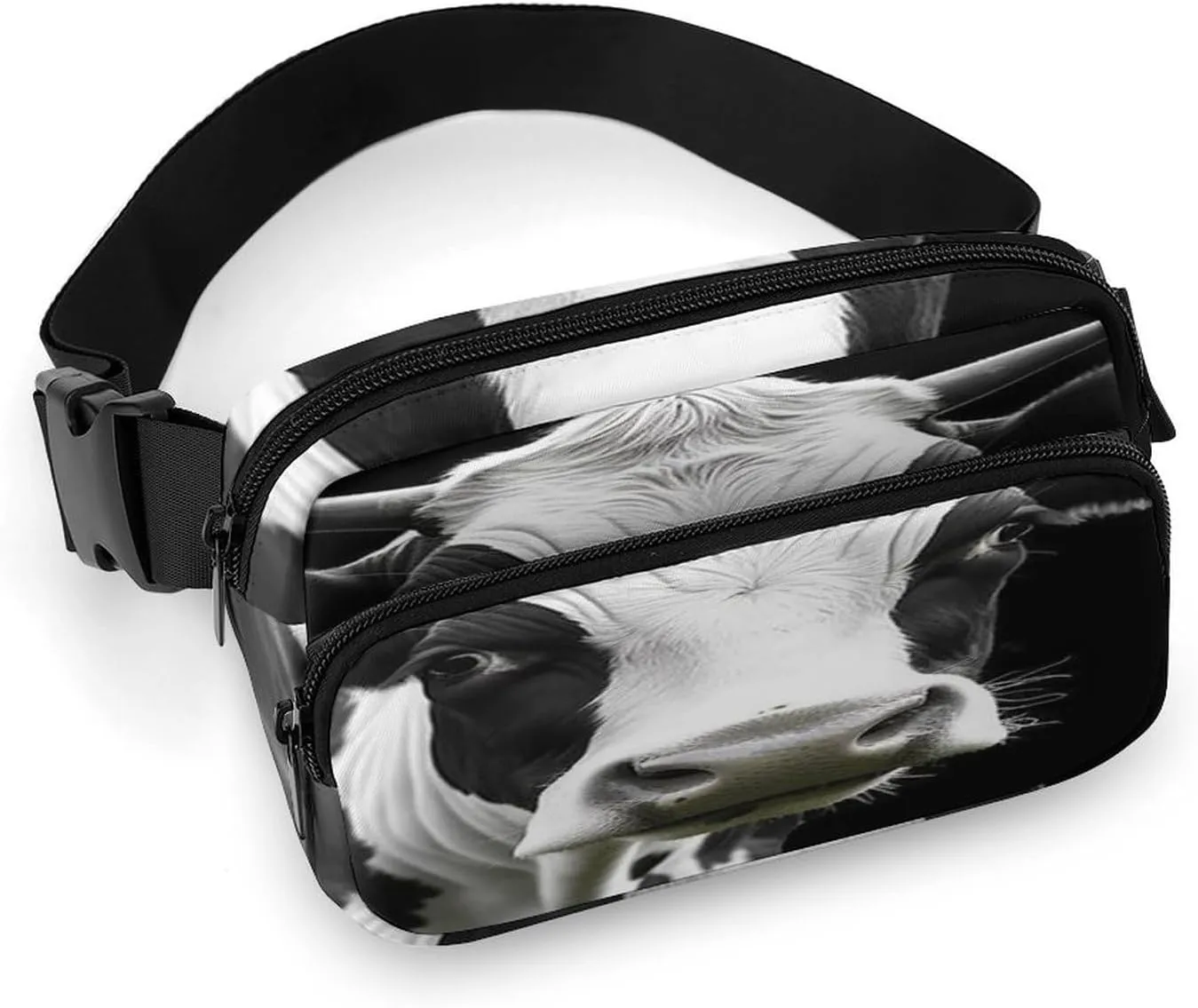 Large Waist Packs with Adjustable Strap,Animal Funny Cow Head Black White CrossBody Fanny Pack Casual Bag for Travel Sports Running Hiking