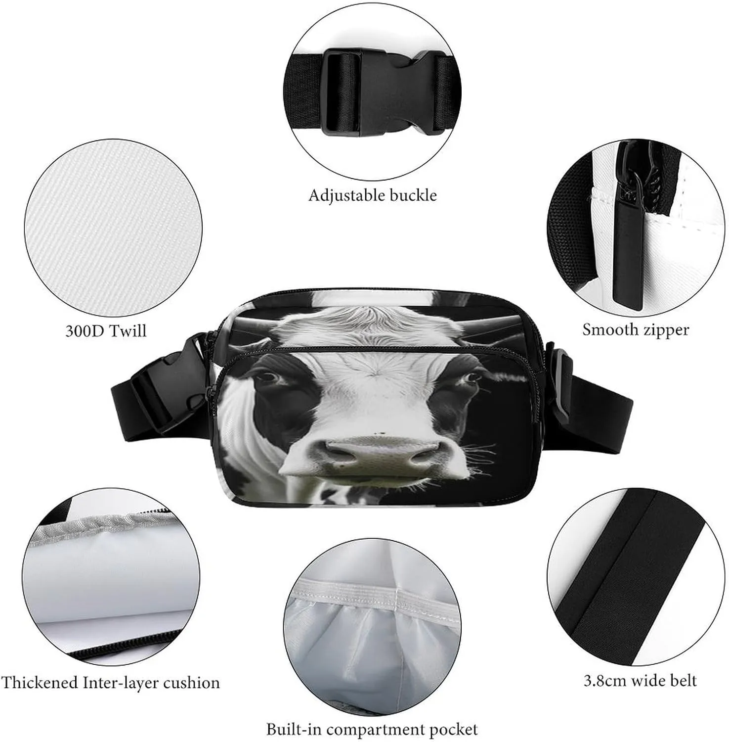 Large Waist Packs with Adjustable Strap,Animal Funny Cow Head Black White CrossBody Fanny Pack Casual Bag for Travel Sports Running Hiking