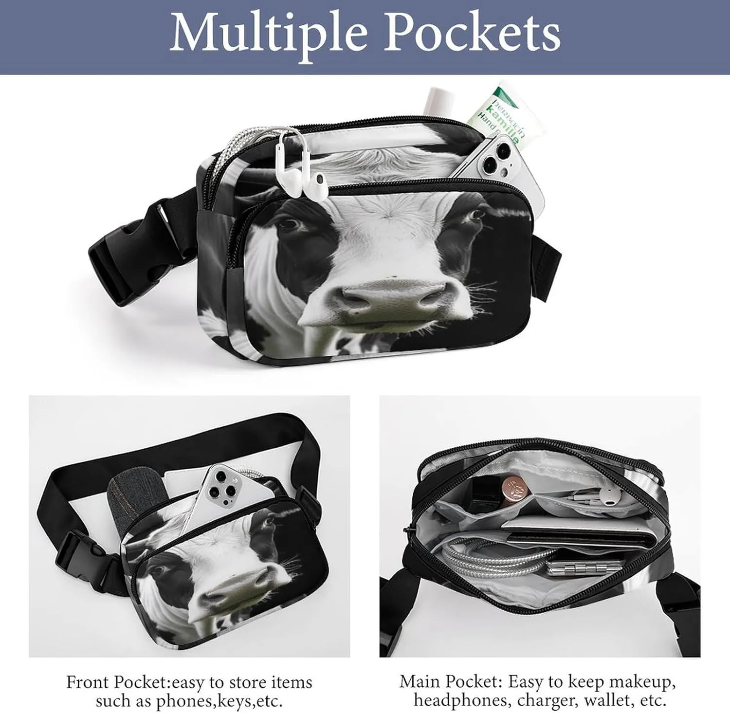 Large Waist Packs with Adjustable Strap,Animal Funny Cow Head Black White CrossBody Fanny Pack Casual Bag for Travel Sports Running Hiking