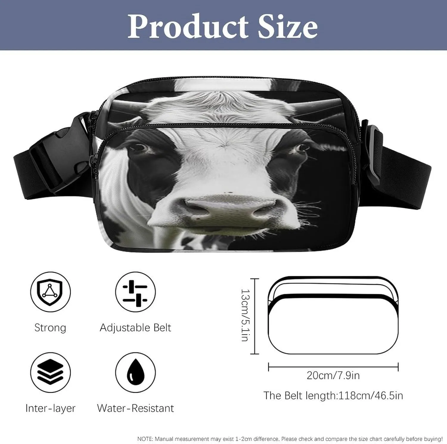 Large Waist Packs with Adjustable Strap,Animal Funny Cow Head Black White CrossBody Fanny Pack Casual Bag for Travel Sports Running Hiking