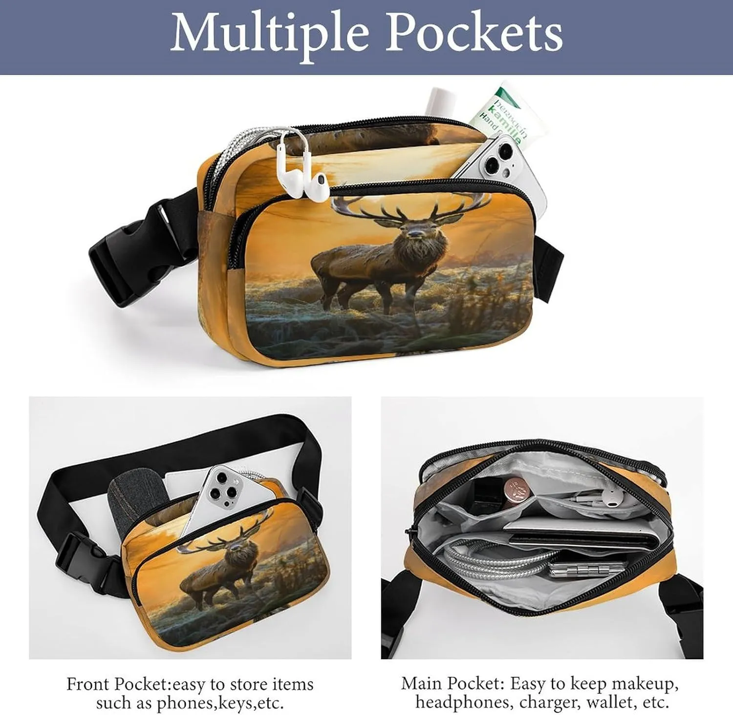 Large Waist Packs with Adjustable Strap,Deer In Forest CrossBody Fanny Pack Casual Bag for Travel Sports Running Hiking