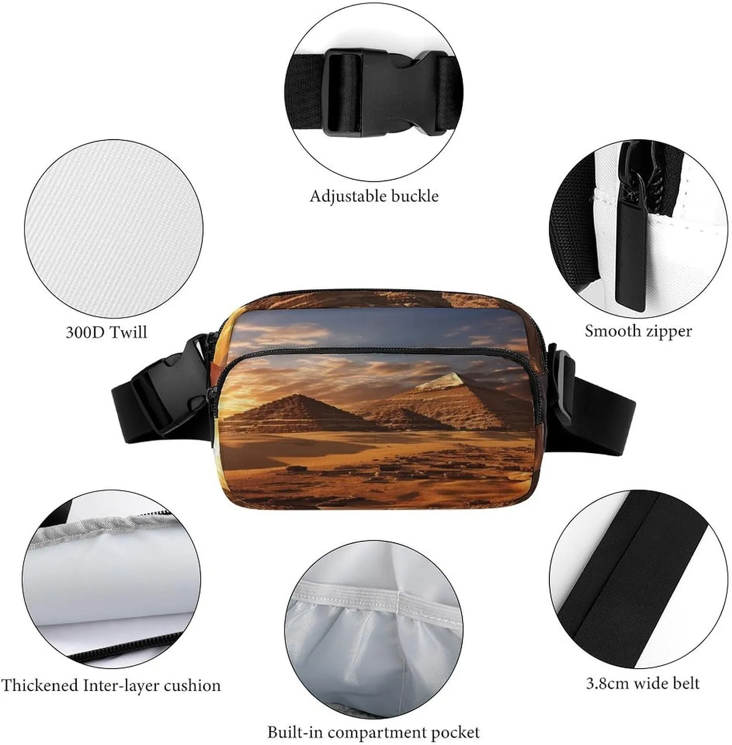 Large Waist Packs with Adjustable Strap,Egyptian Pyramids CrossBody Fanny Pack Casual Bag for Travel Sports Running Hiking