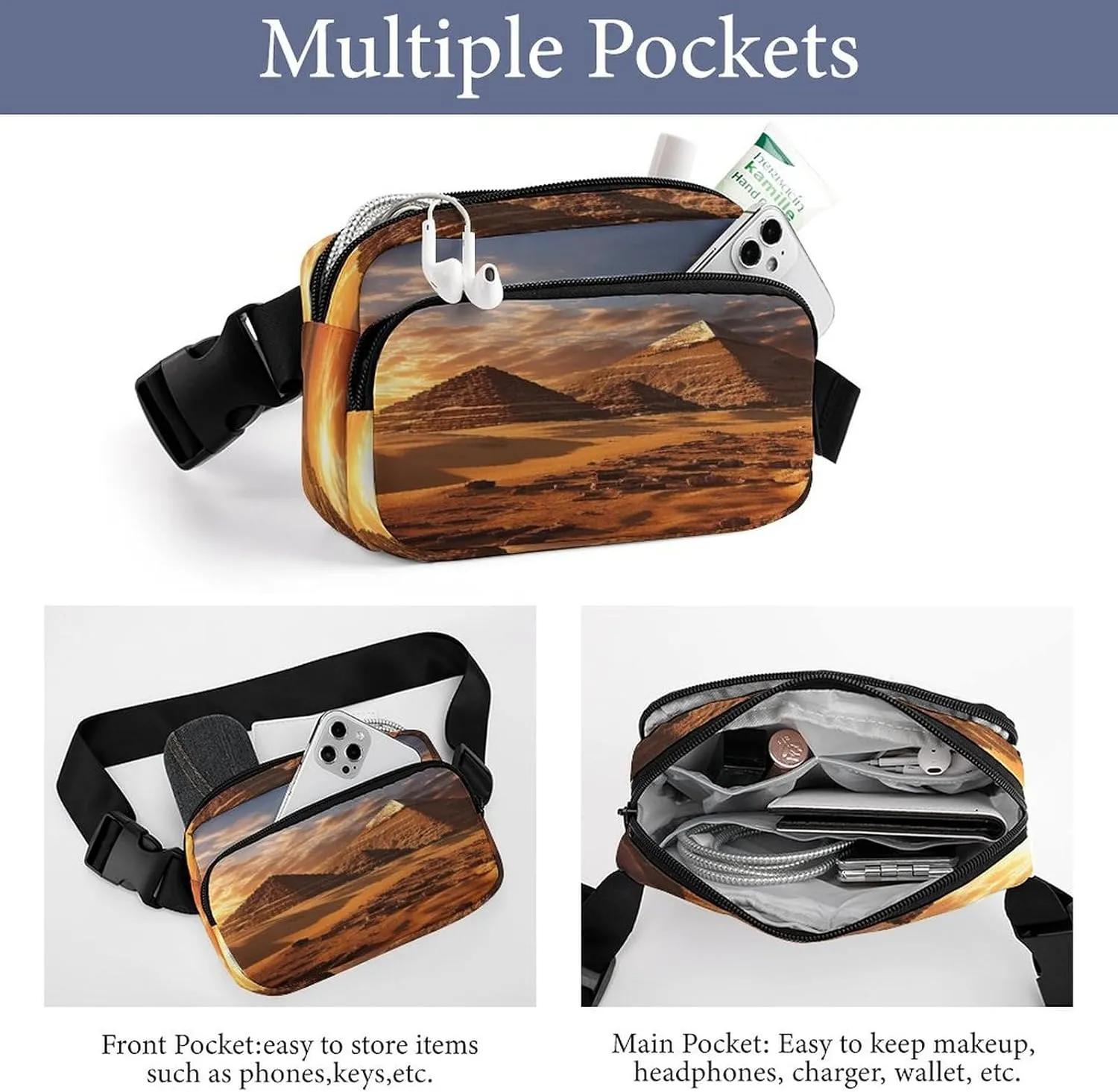 Large Waist Packs with Adjustable Strap,Egyptian Pyramids CrossBody Fanny Pack Casual Bag for Travel Sports Running Hiking