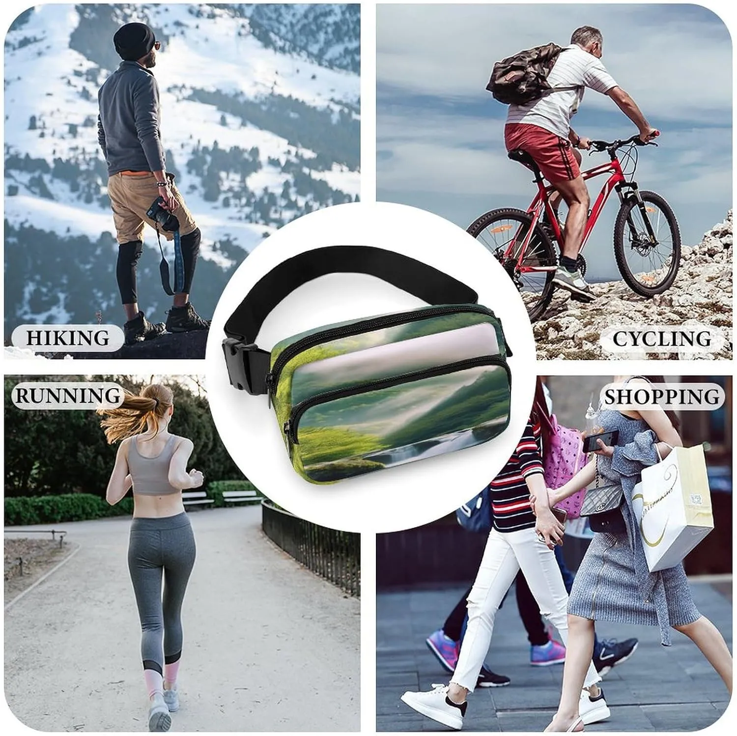 Large Waist Packs with Adjustable Strap,Misty Mountains Forest CrossBody Fanny Pack Casual Bag for Travel Sports Running Hiking