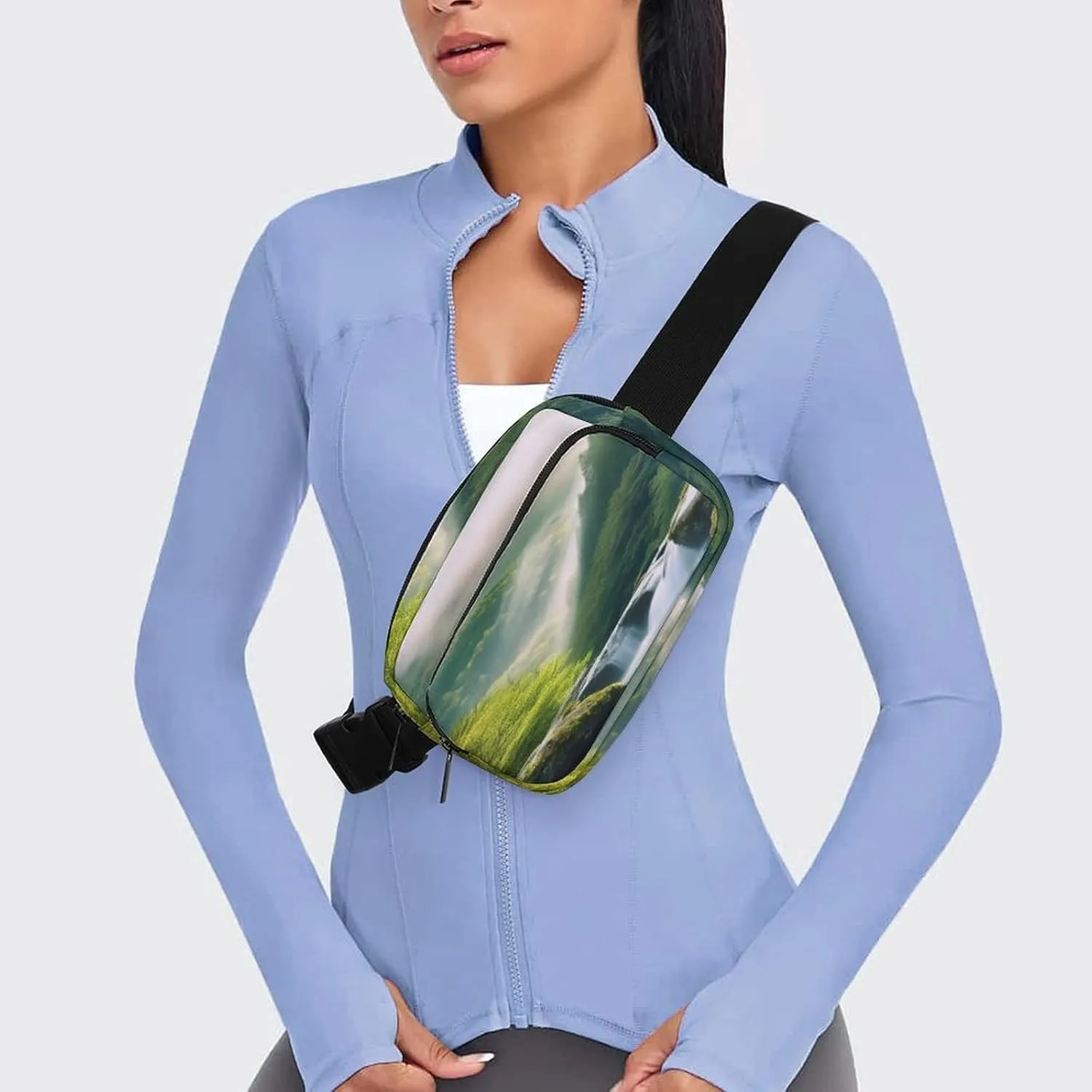 Large Waist Packs with Adjustable Strap,Misty Mountains Forest CrossBody Fanny Pack Casual Bag for Travel Sports Running Hiking