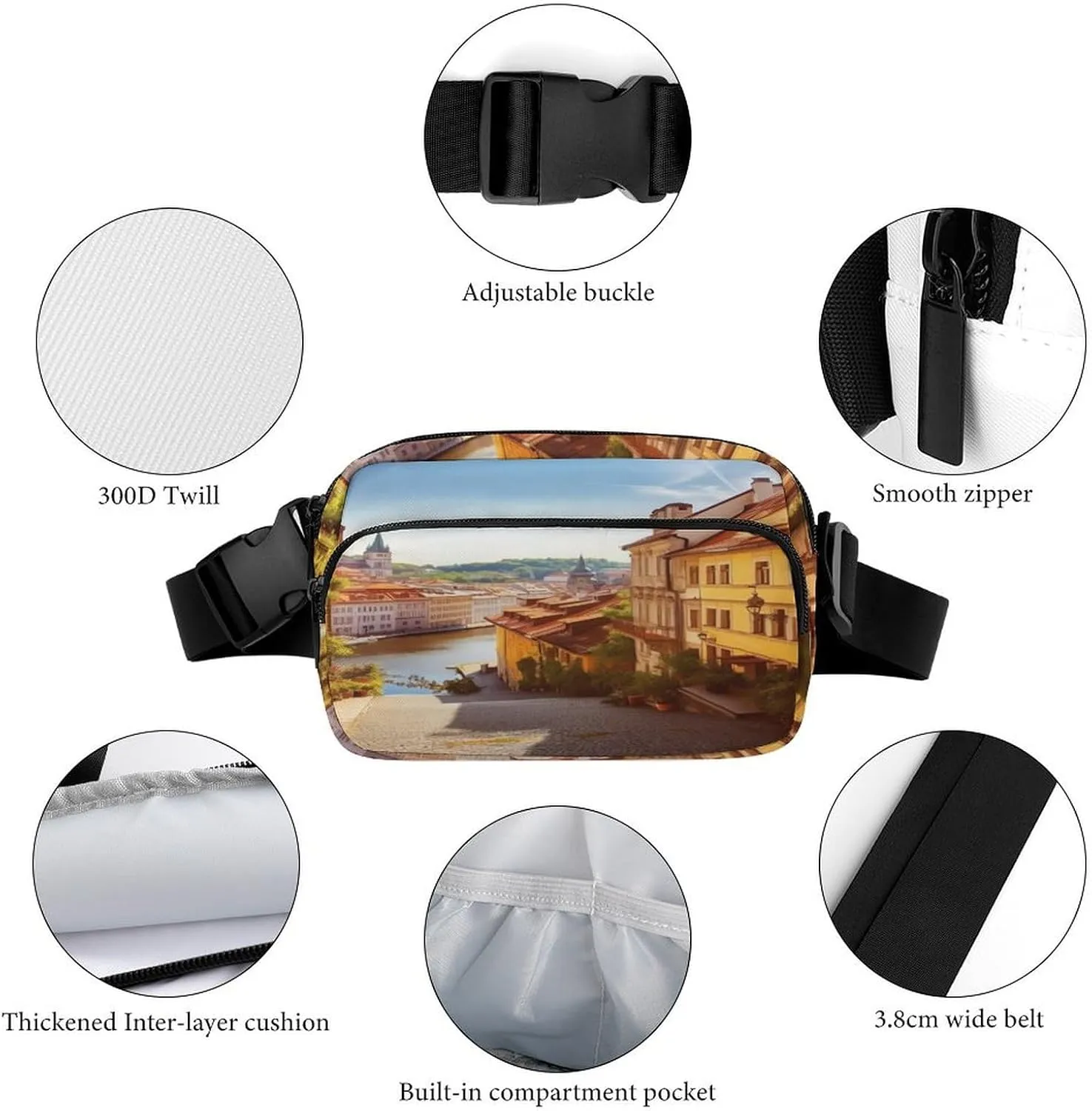 Large Waist Packs with Adjustable Strap,Scenic Summer Old Town CrossBody Fanny Pack Casual Bag for Travel Sports Running Hiking