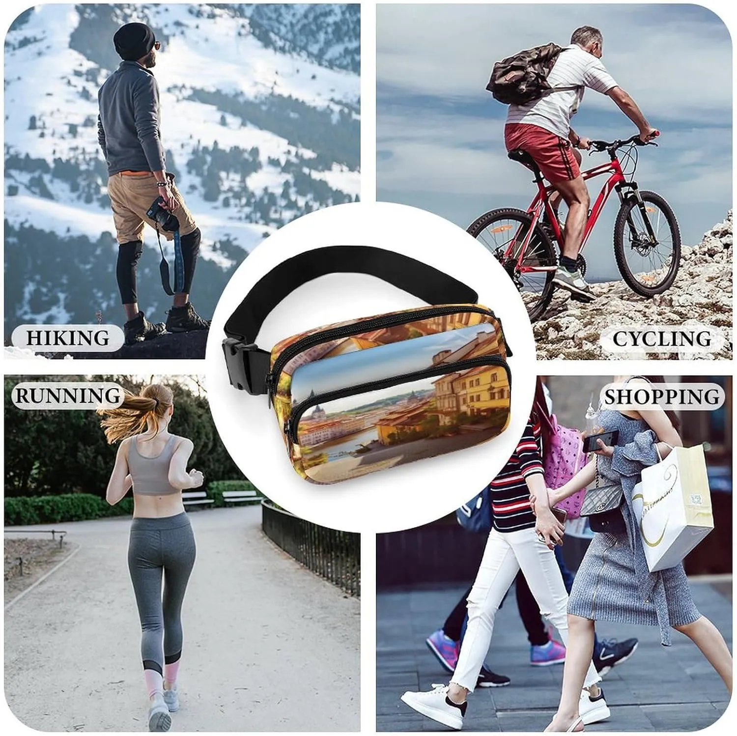 Large Waist Packs with Adjustable Strap,Scenic Summer Old Town CrossBody Fanny Pack Casual Bag for Travel Sports Running Hiking