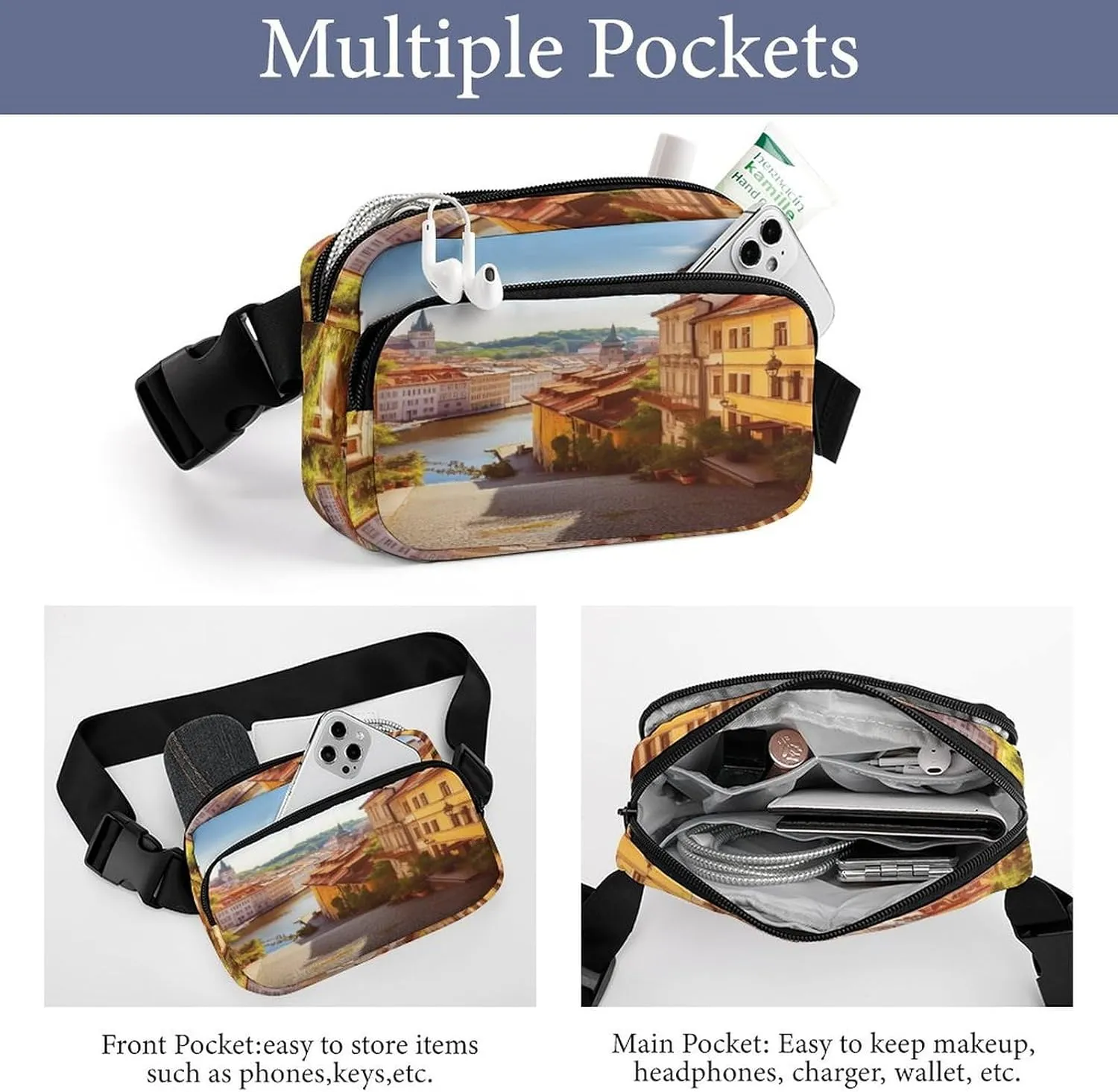 Large Waist Packs with Adjustable Strap,Scenic Summer Old Town CrossBody Fanny Pack Casual Bag for Travel Sports Running Hiking