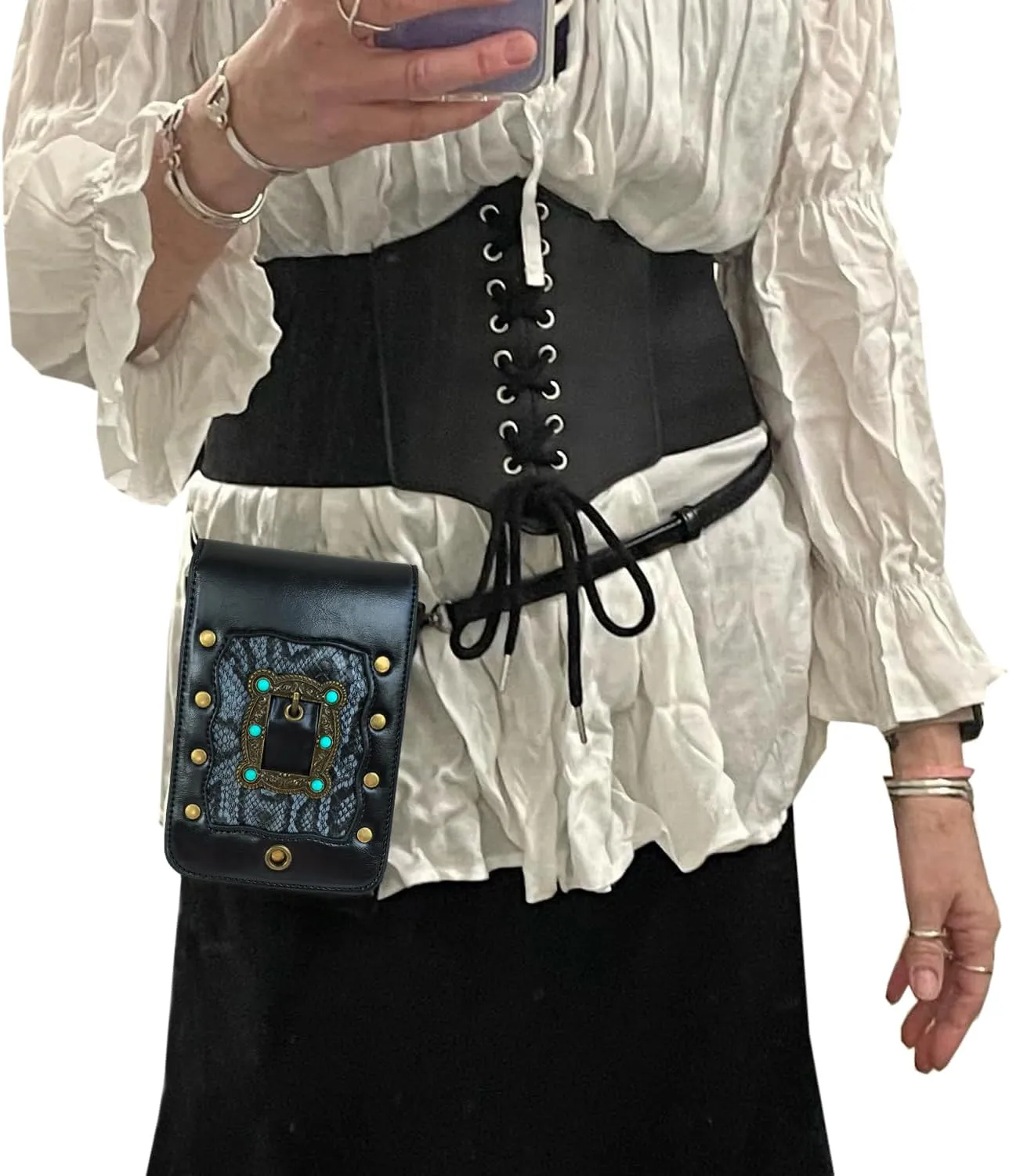 Larswon Belt Pouch, Renaissance Bag Medieval Leather Belt Pouch Ren Faire Accessories Small Crossbody Belt Bag Cell Phone Pouch Renaissance Belt (Black - Gem), Medium, labk1275